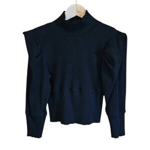 Free People Women's Black Ribbed Puff Shoulder Mock Neck Top Medium